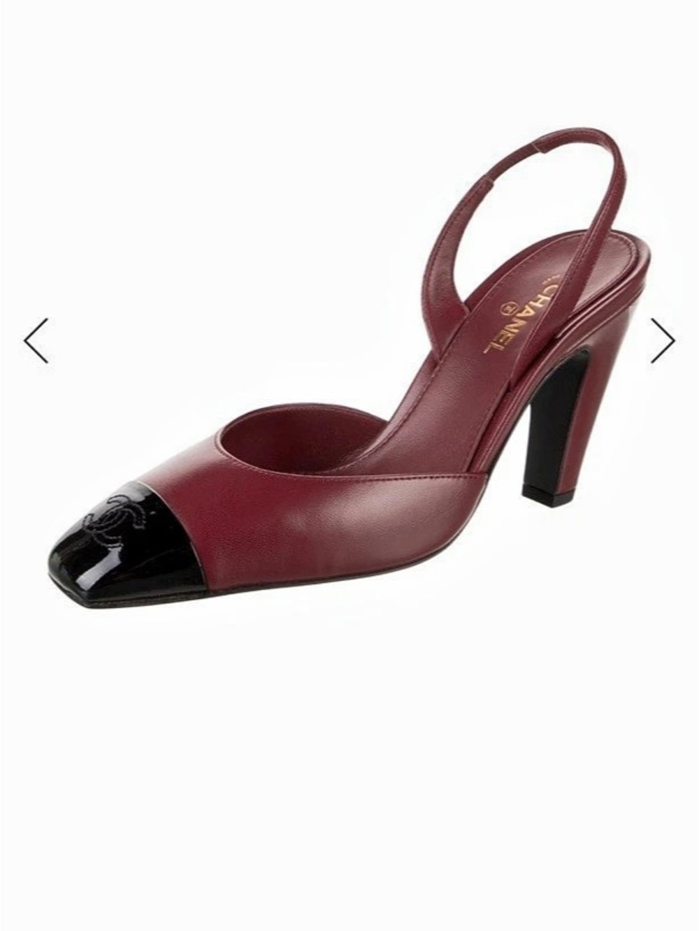 Chanel Burgundy Leather and Patent Cap-Toe CC Slingback Heels